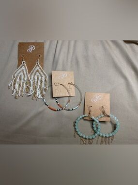 Plunder White and Gold Beaded Fringe & Hoop Earring Sets